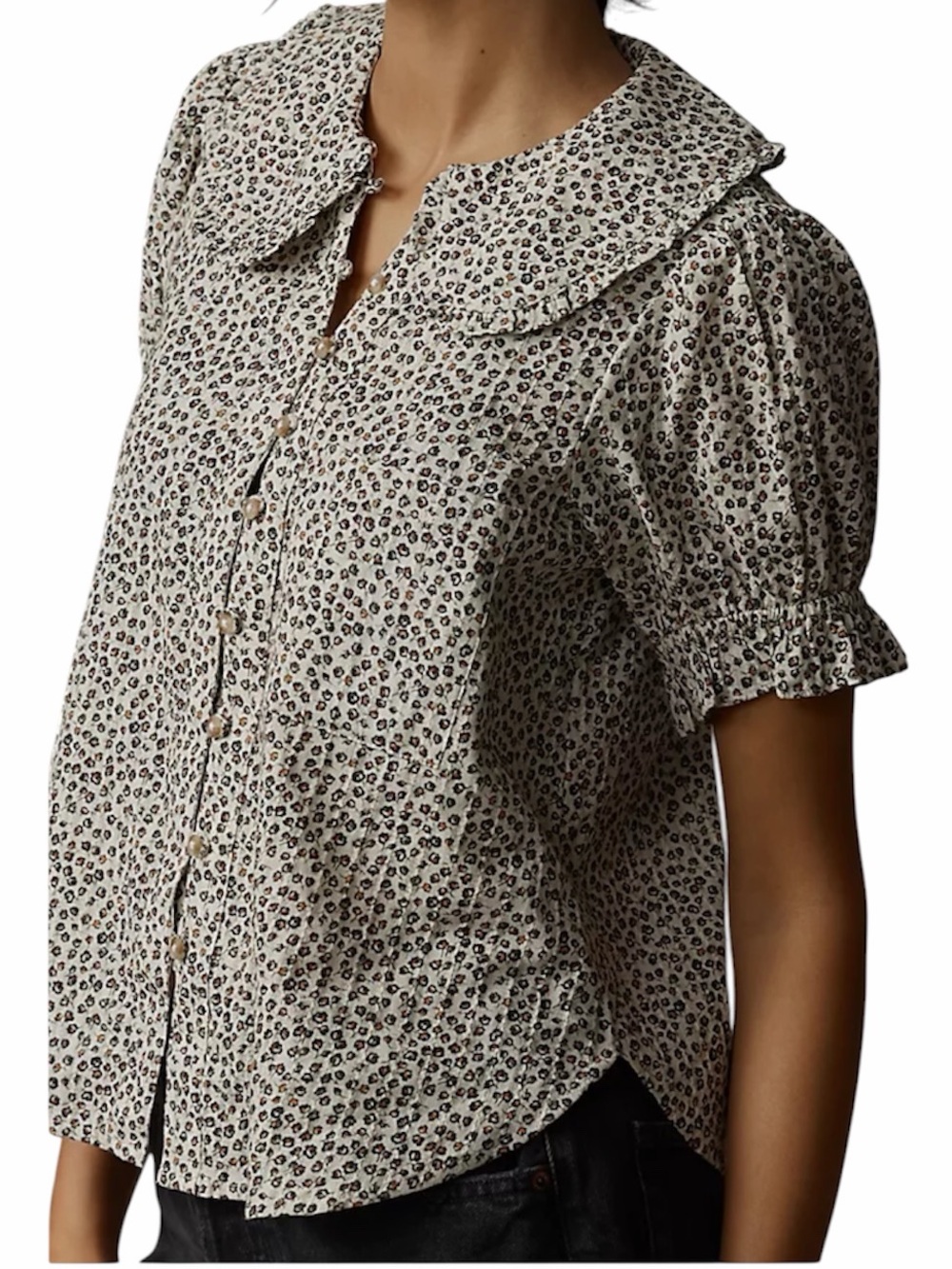 Pilcro Floral Ruffle Collar Puff Sleeve Cotton Blouse Size Small